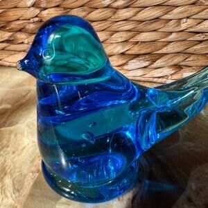 Blue Art Glass Bird with Signature